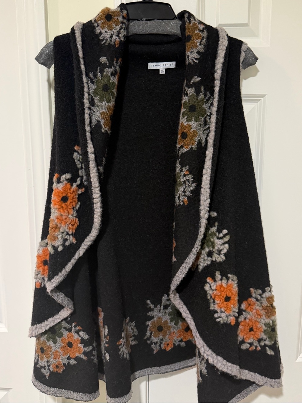 Tempo Paris 100% Wool Floral Waterfall Open Front Cardigan Vest S/M